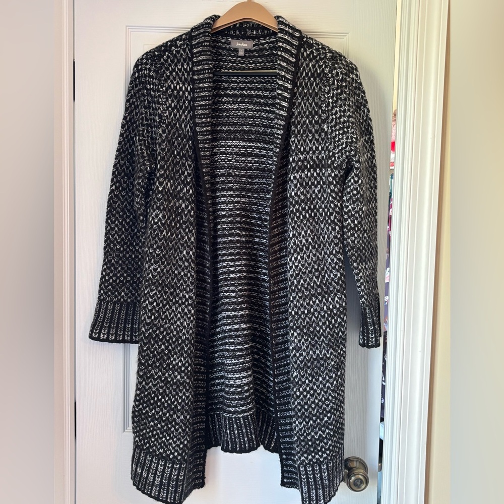 Neiman Marcus Black & White Marled Open-Front Cardigan